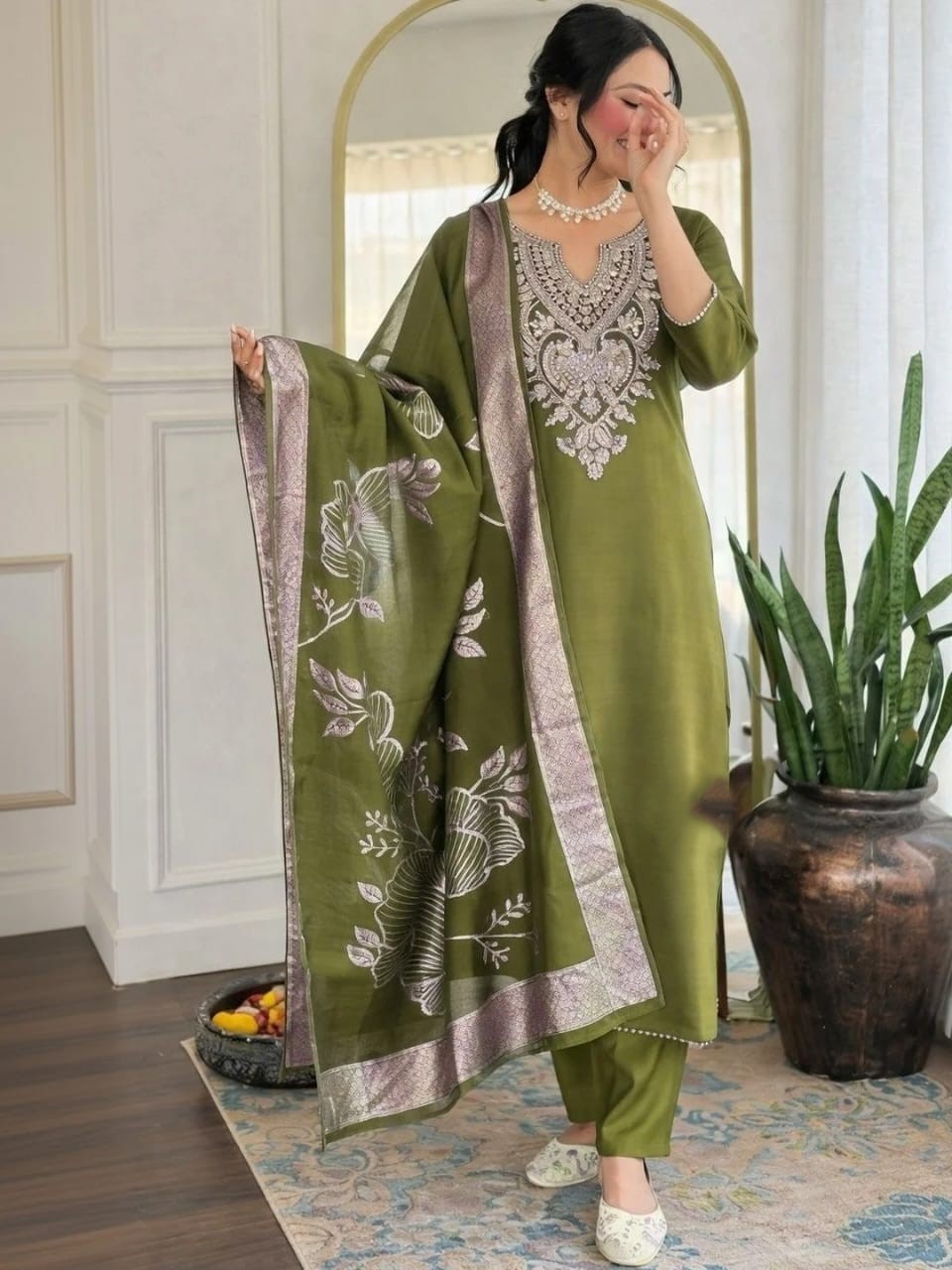 Cotton Embroidered Dupatta Set with Chanderi Floral Dupatta